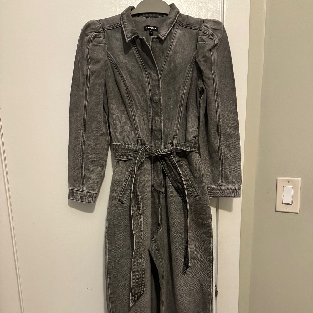 Express Puff Sleeve Tie Waist Grey Wash Denim Jumpsuit